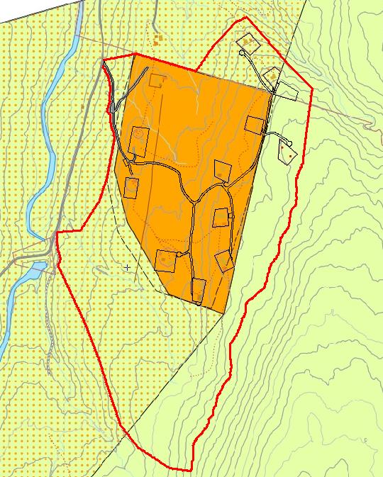 Utsnitt av kommunedelplan med reguleringsgrense (rød strek) for