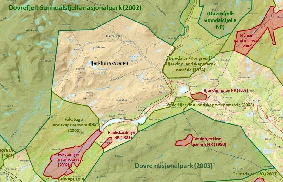 Skytefeltet var på dette tidspunktet i praksis omsluttet av eksisterende og planlagte verneområder.