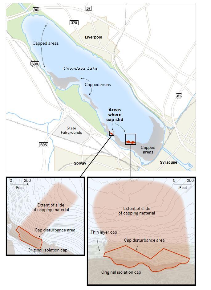 Onondaga Lake, USA I innsjøen Onondaga lake i New York state i USA ble det i 2010 2012 gjort sedimentopprydding med blant annet tildekking av 1,8 km 2 av bunnen i innsjøen.