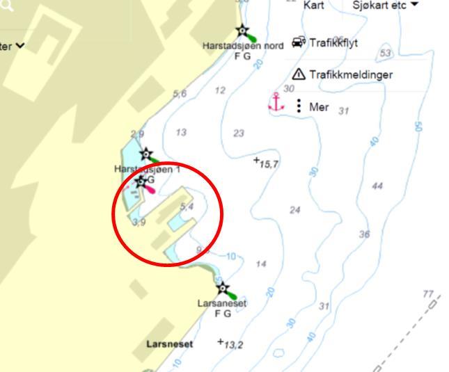 Eksempel erosjon: Harstad havn Hurtigbåtkaia i Harstad havn (rød ring) hvor undersøkelsene