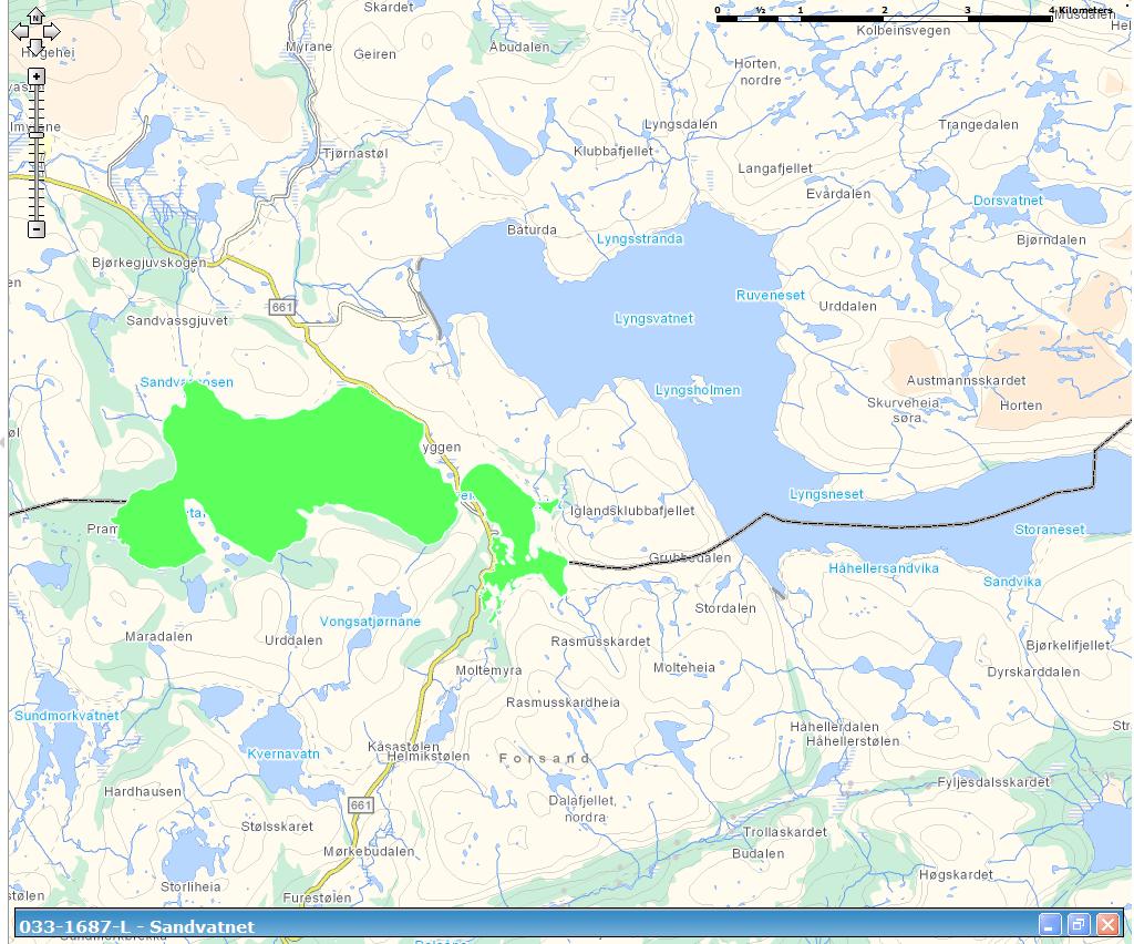 Sandvatnet (033-1687-L) Overvåkingsdata mm: Stor, svært kalkfattig, klar, dyp (innsjø) God