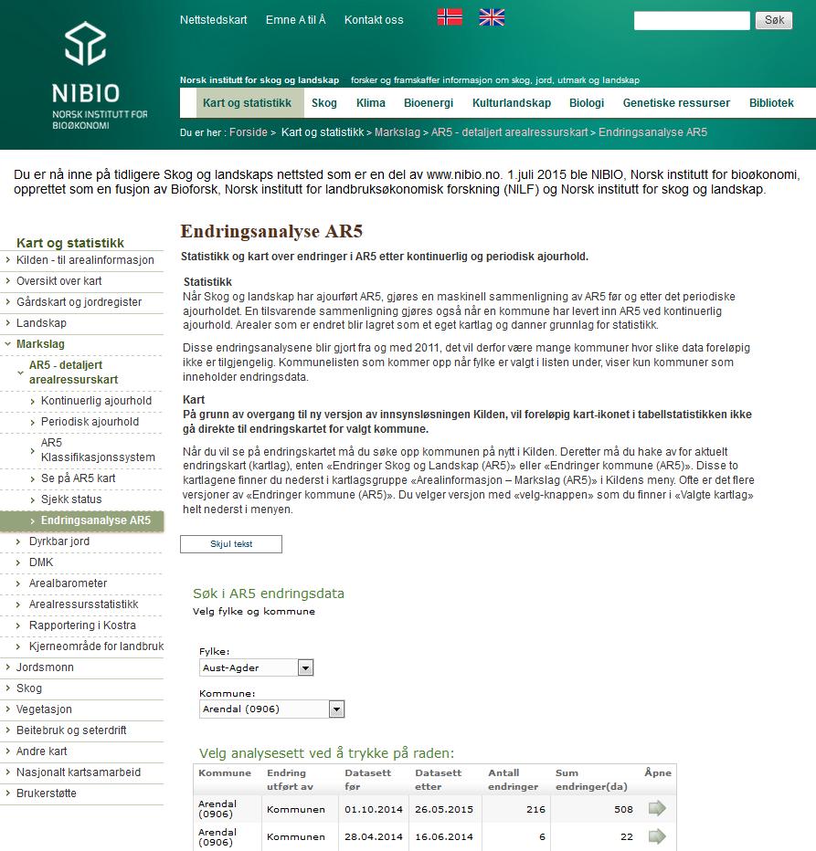 Endringsanalyse AR5 Viser hva som er endret i kommunes ajourhold og i det