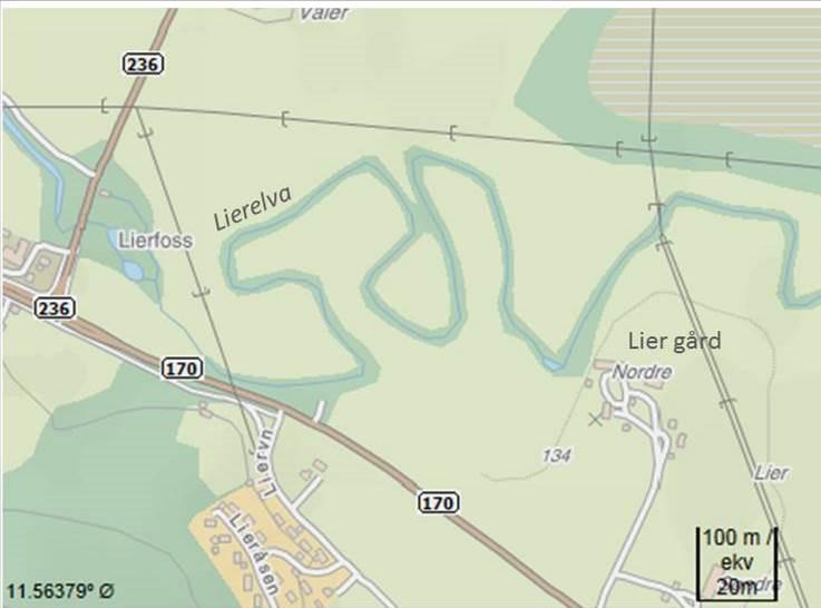 1.2 Feltområde Feltområdet er Lierelva oppstrøms Bjørkelangen. Det meste av arbeidet er utført i strekningen mellom Lierfossen i vest, og til litt nedstrøms Lier gård i øst, se figur 1. Figur 1.