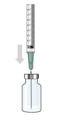 Skyv forsiktig stempelet helt ned så luft injiseres i hetteglasset. Ikke injiser luft i legemidlet. 16. Ikke snu hetteglasset og nålen opp ned.