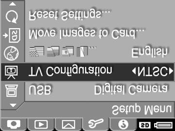 6 skyrius: Setup Menu (nustatym meniu) naudojimas Atidar meniu Setup Menu (nustatym meniu) galite nustatyti kelet kameros nustatym, pavyzdžiui, garsus, dat, laik, USB ar TV jungči konfig racij.