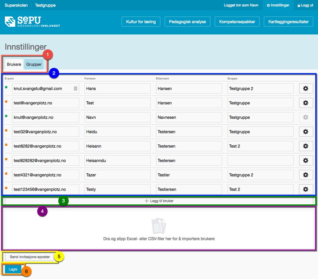 Denne siden består av to deler som du kan bytte mellom ved hjelp av to faner like under sidetittelen: Brukere Grupper De ulike delene av denne siden er som følger: 1.