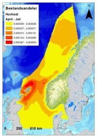 Figur D - 8 Fordeling av havhest (Fulmarus glacialis) i Nordsjøen og Norskehavet, i sommer (april-juli), høst (august-november) og vintersesongen (november-mars), basert på modellerte data (Seapop,