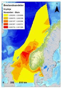 Figur D - 10 Fordeling av krykkje (Rissa tridactyla) i Nordsjøen og Norskehavet, i sommer (april-juli), høst