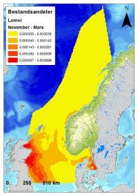 Figur D - 11 Fordeling av lomvi (Uria aalge) i Nordsjøen og Norskehavet, i sommer (april-juli), høst  DNV GL