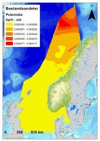 Figur D - 14 Fordeling av polarmåke (Larus hyperboreus) i Nordsjøen og