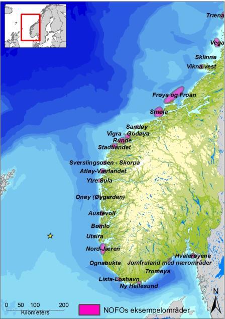 Figur 3-4 Lokasjon av eksempelområdene langs norskekysten. 3.5.