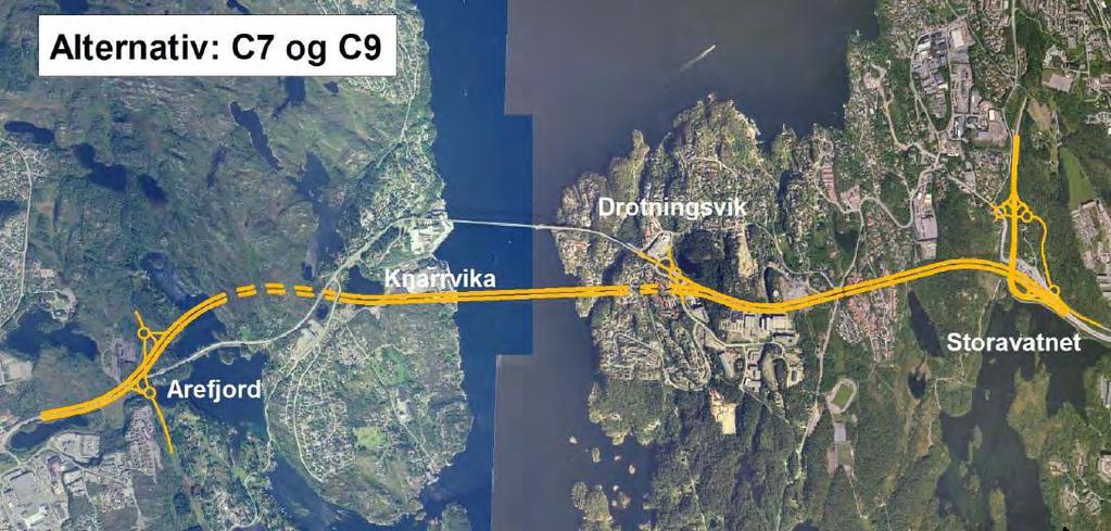 Alternativ C7/C9. Bru i høgspenttraséen Traséalternativ (C7/C9) Arefjord - Storavatnet Frå krysset i Arefjord vert den nye vegen lagt på bru over Arefjordspollen og vidare i tunnel til Mustadvatnet.