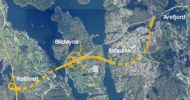 Kolltveit Arefjord Alternativa som er aktuelle Alternativ C101. Ny firefelts veg med firefelts bru mellom Bildøy og Straume sør og tunnel forbi Straume Alternativ C102.