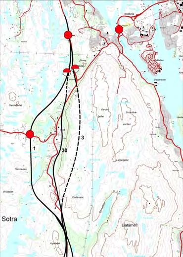 Alternativomtale, oppsummering av konsekvensar og Statens vegvesen sin tilråding Delparsell 1: Kolltveitskiftet Tellnesskogen. Alternativ 1: Veg i dagen vest for Fjell sentrum Kostnad 356 mill. kr.