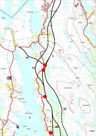 (variant 194 mill. kr) Alternativ 32: aust for busetnaden. Kostnad 369 mill. kr. Siste delen sør mot Austefjorden er utviding av noverande fylkesveg 153 Konsekvensar Alternativ 1 Store negative konsekvensar for naturmiljø, kulturmiljø og landskap Best m.