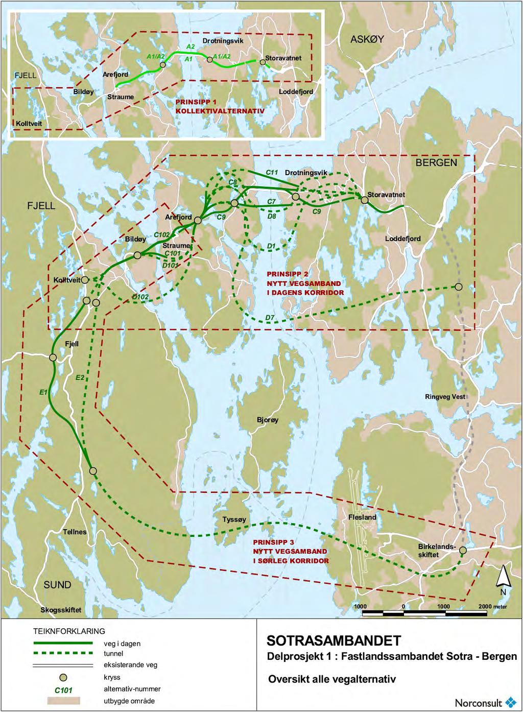 Delprosjekt 1; Fastlandssambandet Sotra - Bergen Alternativ Alternativa er delt i tre prinsipp: Prinsipp 1, kollektivprioritering langs dagens veg utan auke i vegkapasiteten
