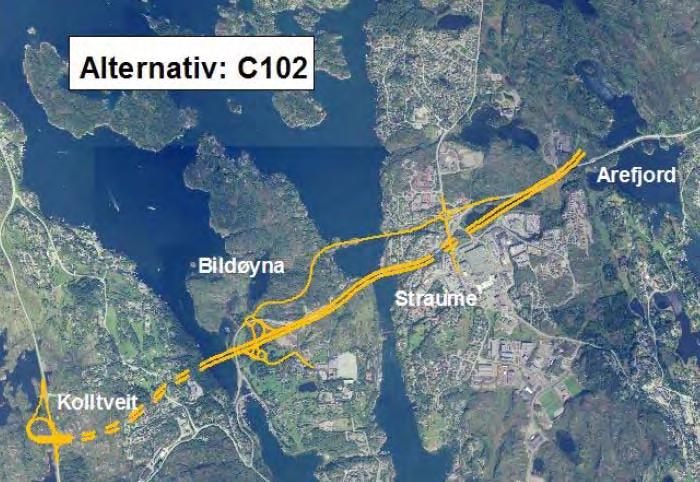 I prinsipp 2 er strekninga delt i to ved Arefjord. Alle alternativ aust og vest for Arefjord kan kombinerast.