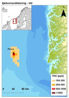 Figur 5.4 Sannsynligheten for vannsøylekonsentrasjoner 100 ppb THC (olje) i 10 10 km ruter gitt en sjøbunnsutblåsning fra letebrønn Prince vist for de ulike sesongene.