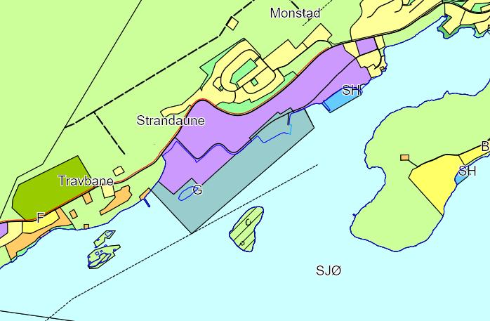 Området på land er i regulert til industri (ID 198501), mens området delvis på land og i sjø ved Østre Strandaunskjær er avsatt til havneformål i kommunedelplan for 2014-2025, se utsnitt fra