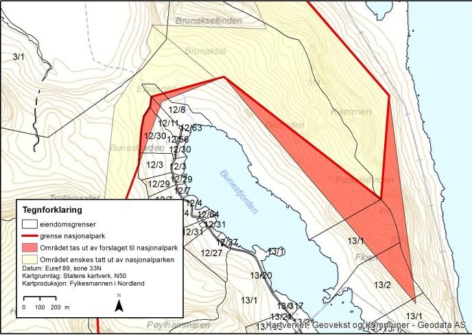 Kammen (Moskenes): Vi har fått innspill fra grunneiere om å ta ut deler av tinderekka på nordsiden av Bunesfjorden. Det foreslås å la grensa gå i skaret øst for Brunakseltinden.