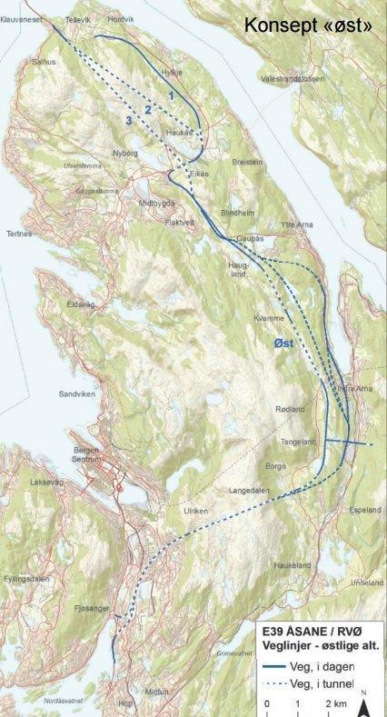 Ringveg Øst En fremtidig Ringveg Øst vil være et viktig bidrag for å styre gjennomgangstrafikk utenom sentrale deler av Bergen, og muliggjøre sterkere satsning på kollektiv, sykling og gåing.