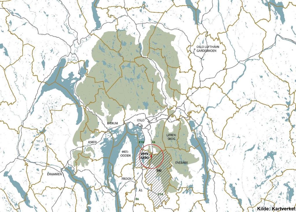 2.3.2 Beliggenhet i Oslo-området Landingsplassen ligger på Taraldrud gård (Gnr.105, Bnr.1) nordvest i Ski kommune, på grensen mot Oppegård kommune i vest. Kommunegrensen mot Oslo ligger ca.