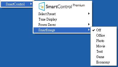 Help (Hjelp) > Version (Versjon) - Er kun aktiv når du velger Version (Versjon) fra rullegardinmenyen  Context Menu(Kontekst)-menyen har fire oppføringer: SmartControl Premium - Når denne er valgt,