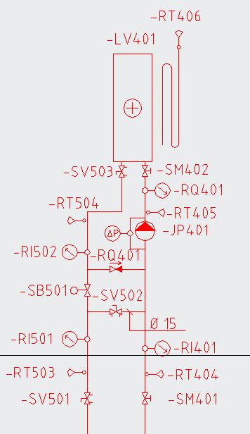 Original tegning: 200404-03-00-VT-360-01, 200404-03-00-VT-360-02 Regulering varmebatteri Pumpe -JP401 regulerer med intern automatikk for å holde konstant vannmengde over batteriet og er forriglet