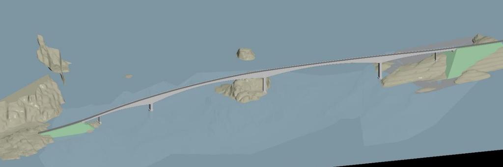 Figur 8: Visualisering av brua Brua er planlagt med to landkar og fem søyler. Det er valt å fylle mellom Guridneset og holmen rett nord for Guridneset for å spare brulengde, og dermed kostnad.