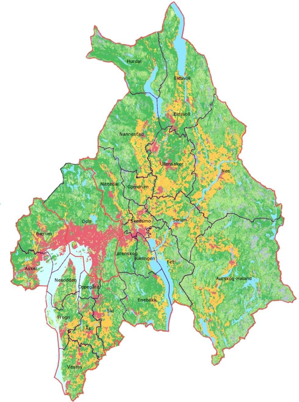 1 Jordbruket i Oslo og Akershus Oslo og Akershus sammen med Østfold er Norges kornkammer. Kartet i Figur 1.1 gir en oversikt over arealbruk i Oslo og Akershus.