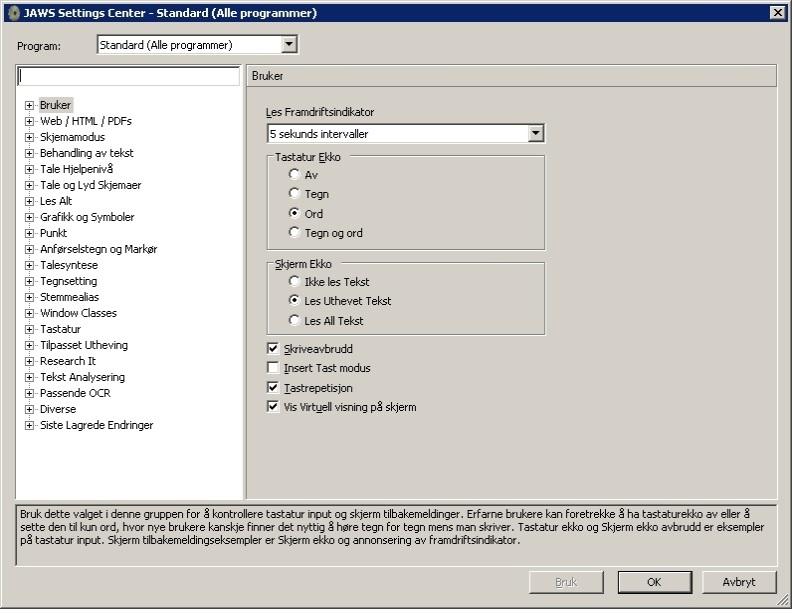 Center kan også aktiveres med Ins+6. Her kan du gjøre de aller fleste innstillingene i JAWS. Til venstre i Settings Center er det en treoversikt med mange kategorier som har underliggende elementer.