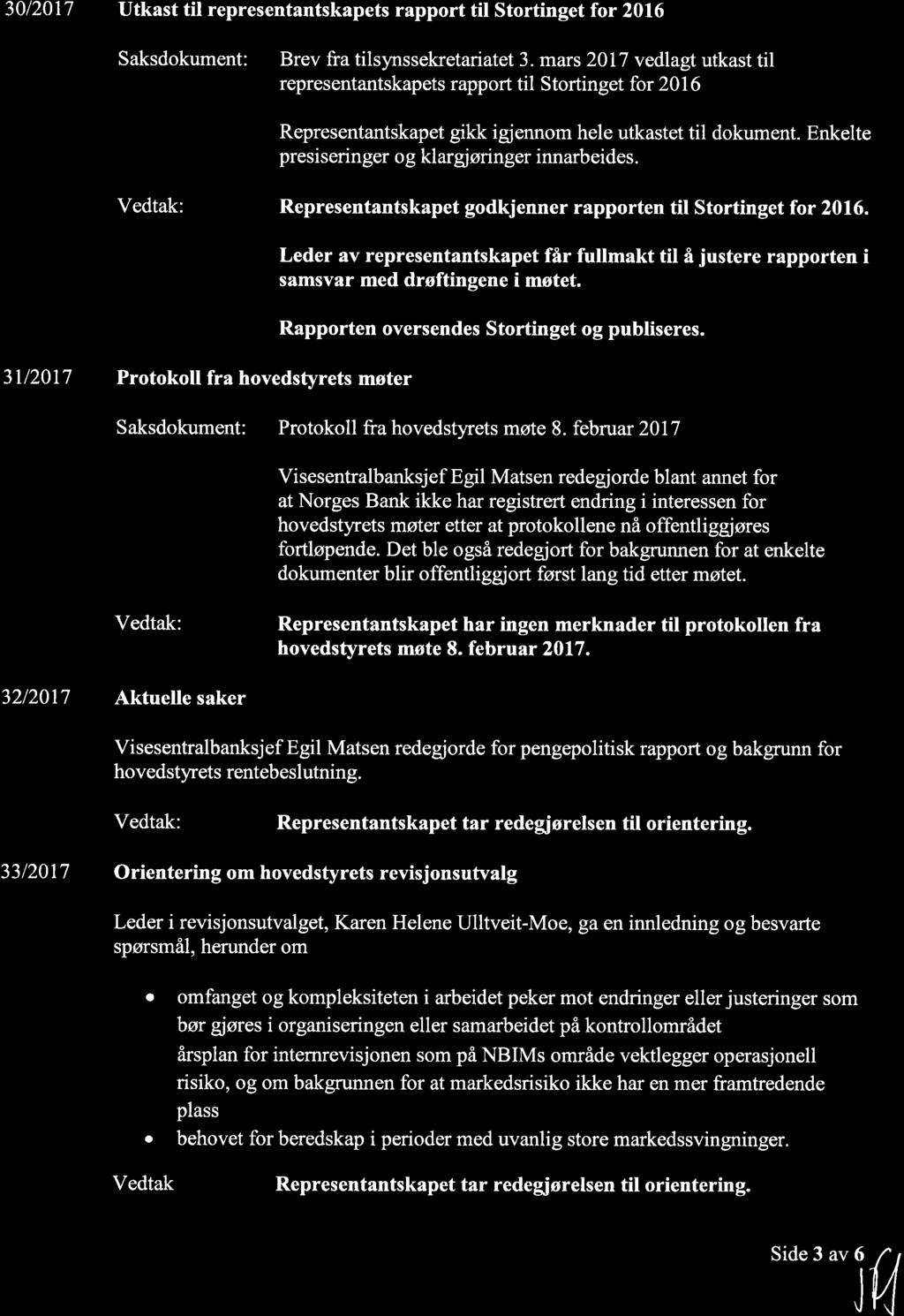 3012017 Utkst til representntskpets rpport til Stortinget for 2016 Sksdokument: Brev fr tilspssekretritet 3.