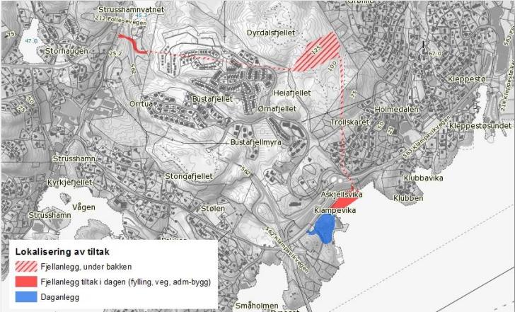 Plassering av anlegg i fjell og dag illustreres i dette kartet: Fylkesmannen har varslet et gebyr for det tilfelle at renseanlegget utsettes som følge av forhold kommunen selv rår over.