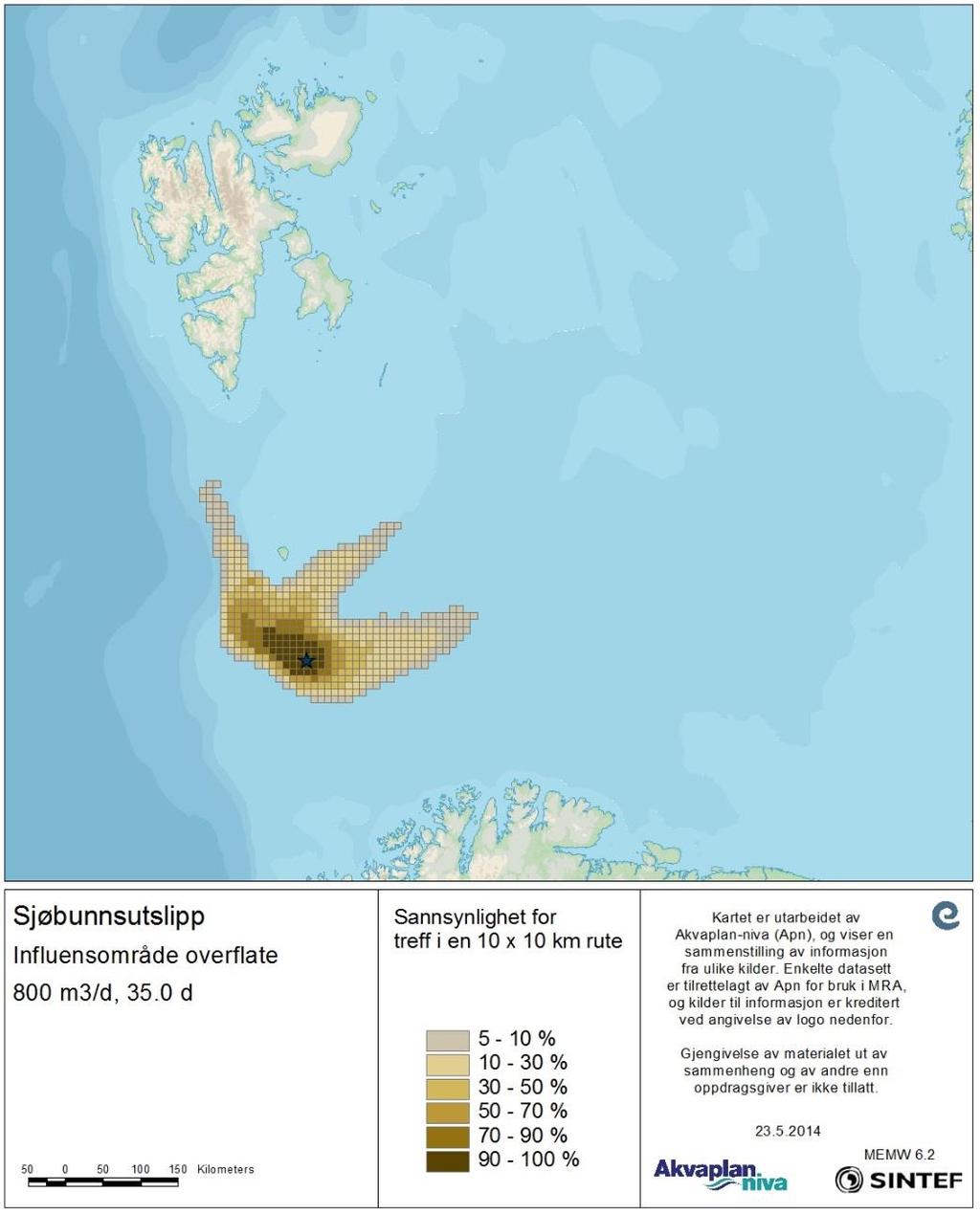 Figur 3-2 Sannsynlighet for treff av olje på overflaten med mer enn 1 tonn i en 10x10 km rute for sjøbunnsutslipp, med rate nærmest over vektet rate og varighet nærmest vektet varighet.