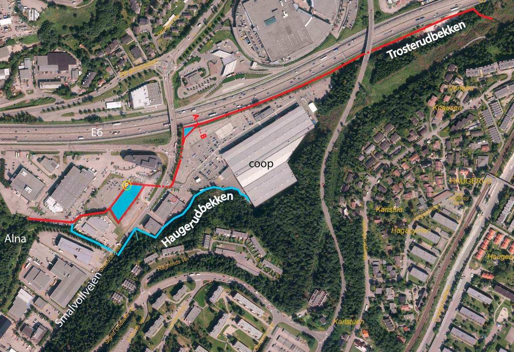 Bekken ledes videre langs E6, under Smalvollveien i bro og videre til Alna omtrent slik VPOR for Breivoll viser.