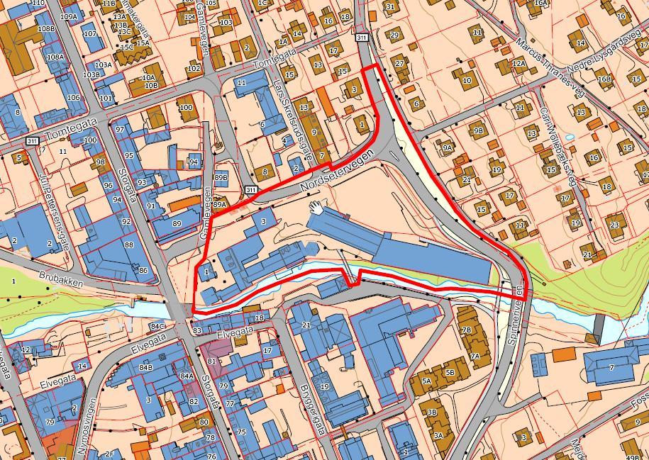 Kvartalet omfatter bebyggelsen avgrenset av Lilletorget, Nordsetervegen, Spinnerivegen og Mesnaelva. Planområdet berører eiendommene gnr/bnr 200/6, 1569, 1057, 1938.