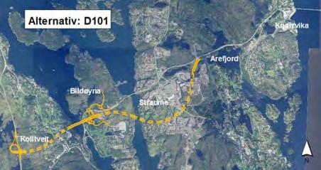 2.4 Oppsummering av aktuelle traséalternativ på strekninga Kolltveit - Arefjord I arbeidet med planprogram og framlegg til kommunedelplan har det også vore vurdert ulike traséalternativ med