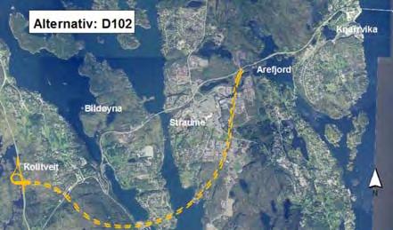Alle alternativ har ny 4 felts veg på strekninga pluss gjennomgåande lokalveg. 2.4.1 Omtale og illustrasjonar av alternativa Ny tunnel Kolltveit Bildøystraumen.