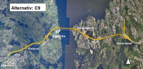 Tunnelar på begge landsidene. Samanhengande lokalveg. Kryss Arefjord og Storavatnet.