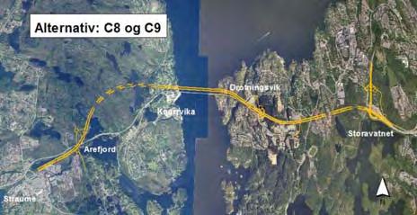 Tunnel på Sotrasida som i alt C7. Ny 4 felts veg i dagens vegtrasé på Bergensida som alt C9.