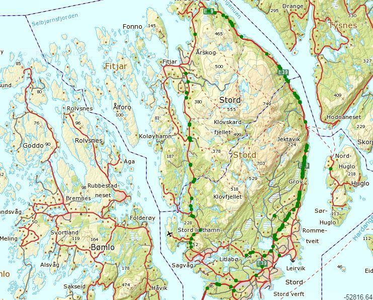 Kartet viser registrerte påkøyringar av hjort i Fitjar og Stord for perioden 01.01.2010-31.12.2016.