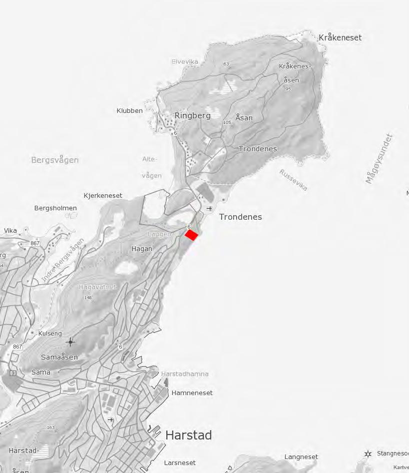 Tomt Harstad, Trondenes. Harstad er nest største kommune i Troms, etter folketall. Tettstedet Harstad har 19 983 innbyggere og kommunen 24 600.