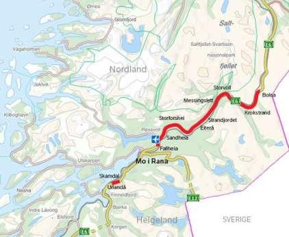HELGELAND NORD. 125 km veg fra syd for Mo i Rana og til foten av Saltfjellet. 10 parseller 62 km skal bygges ut på 4 år og 167 km skal driftes og vedlikeholdes i 15 år.