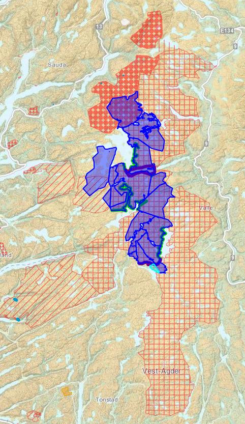 Kart over grenser for nasjonalpark med utgangspunkt i Njardarheim og areala i statsallmenningane, 780 km2 NB!