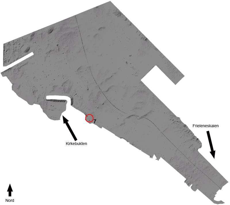 BERGENS SJØFARTSMUSEUM 5 Figur 3 Bunnrelieffkart, mottatt av tiltakshavers konsulent COWI. 7) Rester etter heveverket bygget av Tyskland under 2. Verdenskrig. Ikke undersøkt.