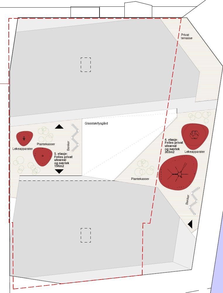 66 REGULERINGSPLAN MED KU Felles private uterom og nærlekeplasser i bygget Arkitekten har utarbeidet en overordnet plan for felles private uterom i bygget.