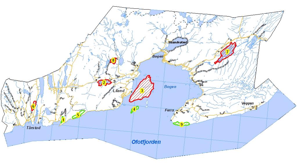 3. Resultater 3.1 Viltområder I Evenes kommune er det påvist ti prioriterte viltområder (Figur 2). Fem av disse har fått verdi svært viktige (A) og fem viktige (B) viltområder.