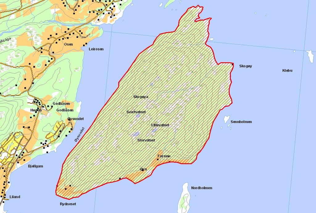 Prioritert viltområde 3 Skogøya Verdisetting A svært viktig viltområde Høyde over havet (m) 5-134 UTM (WGS84) 33W WR 795 985 Hele Skogøya er lagt ut som et samlet viltområde.