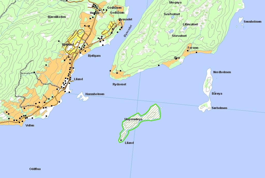 Prioritert viltområde 4 Ungsmaløya Verdisetting B viktig viltområde Høyde over havet (m) 0-20 UTM (WGS84) 33W WR 784 964 Denne øya har en solid hekkekoloni