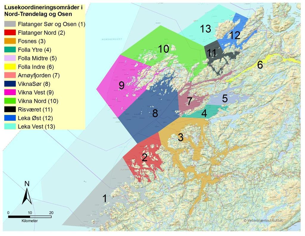 Soneforskrift Nord-Trøndelag og Osen Soneforskriften omfatter totalt et sjøområde på omkring 3600 km2 i Nord-Trøndelag og Osen. Området er delt opp i 13 lusekoordineringsområder (Figur 11). Figur 11.